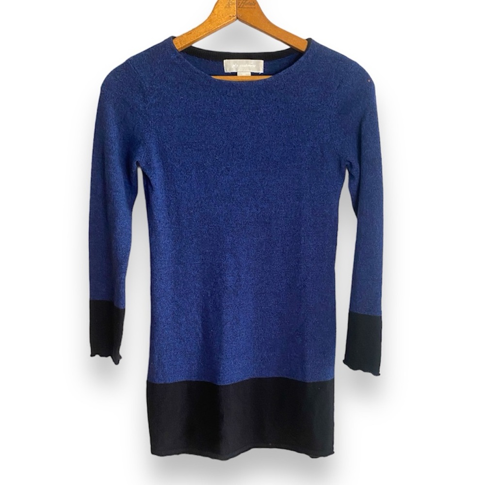 Ply Cashmere 100% Cashmere Blue and Black Color Block Long Sleeve Sweater Dress